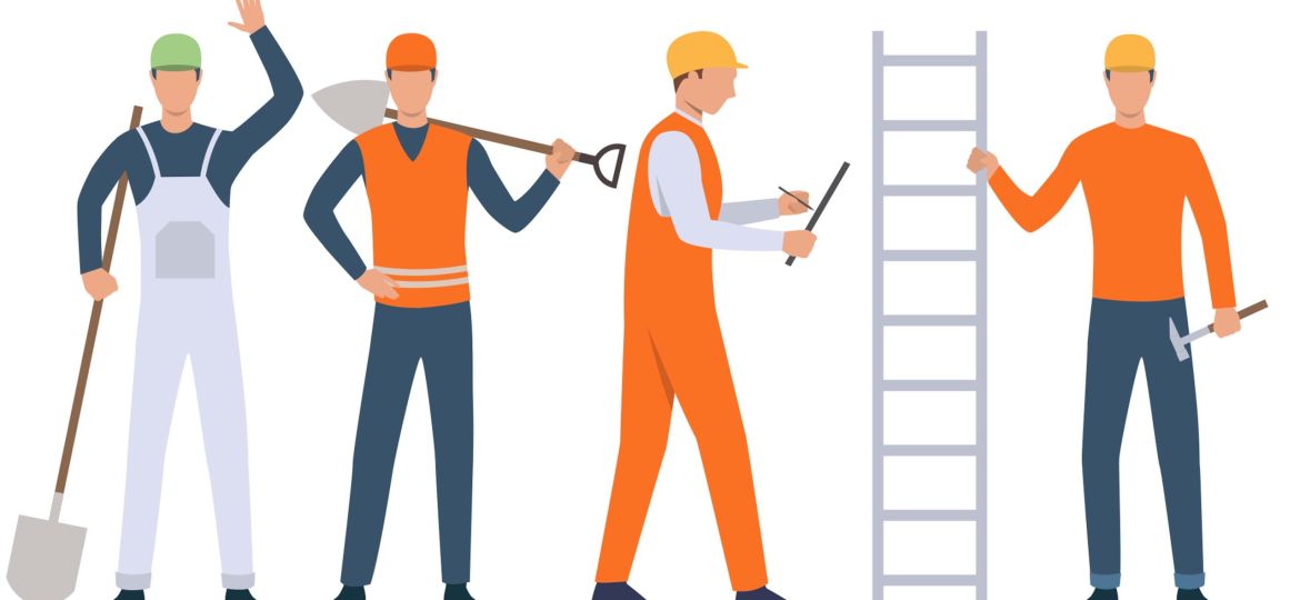 Set of builders, foreman and handymen holding tools and working